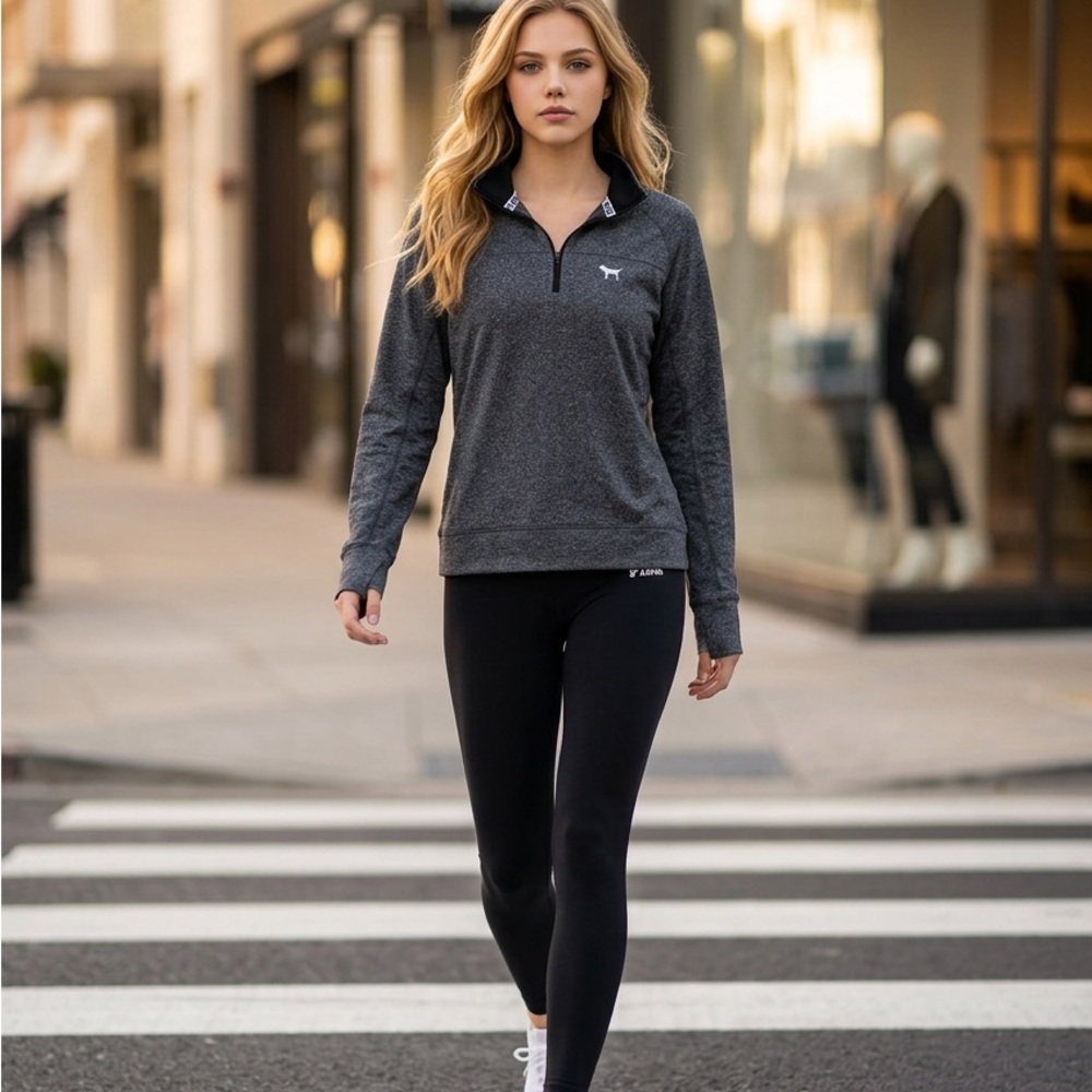 Victoria's Secret PINK Gray Heather Quarter-Zip Pullover Sweatshirt Large Size